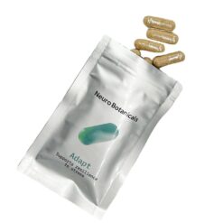 Close up of uniform clear vegetable capsules filled with a finely ground Adapt blend botanical powder